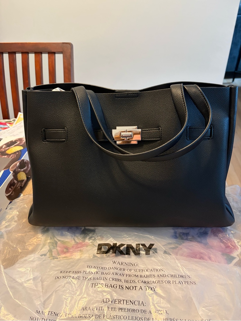 DKNY Black Pebbled Leather Work Tote with Silver Turnlock